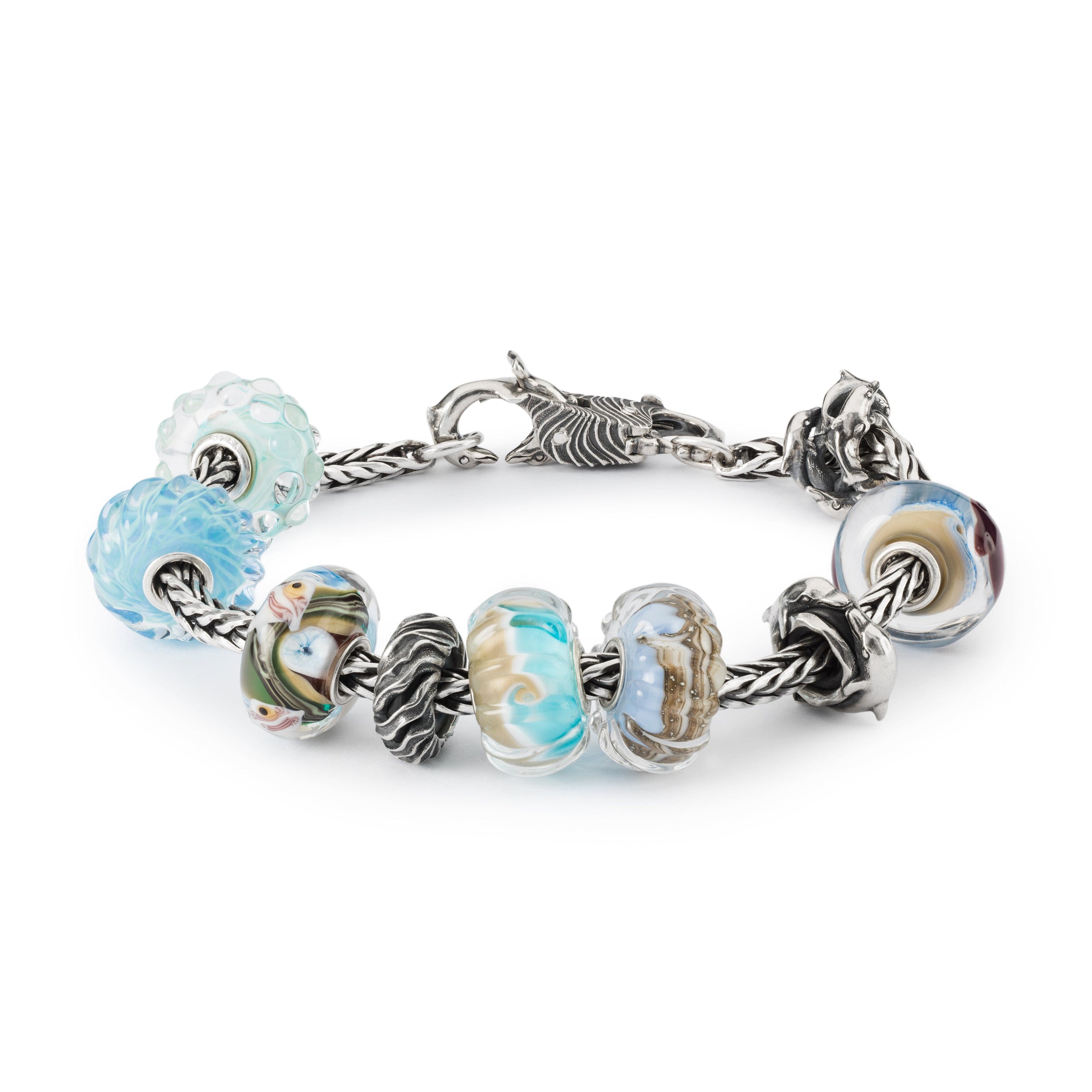 Dolphins Delight beads and clasp on a foxtail silver bracelet