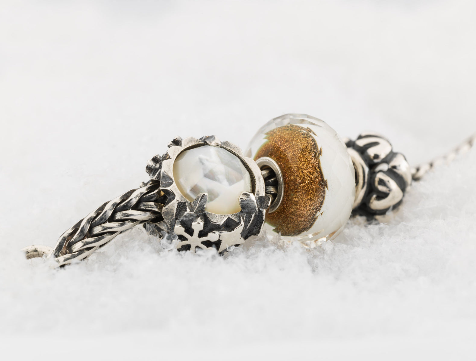 Trollbeads snowball silver bead with a facetted white pearl and winter cloud glass bead and together silver bead with hearts
