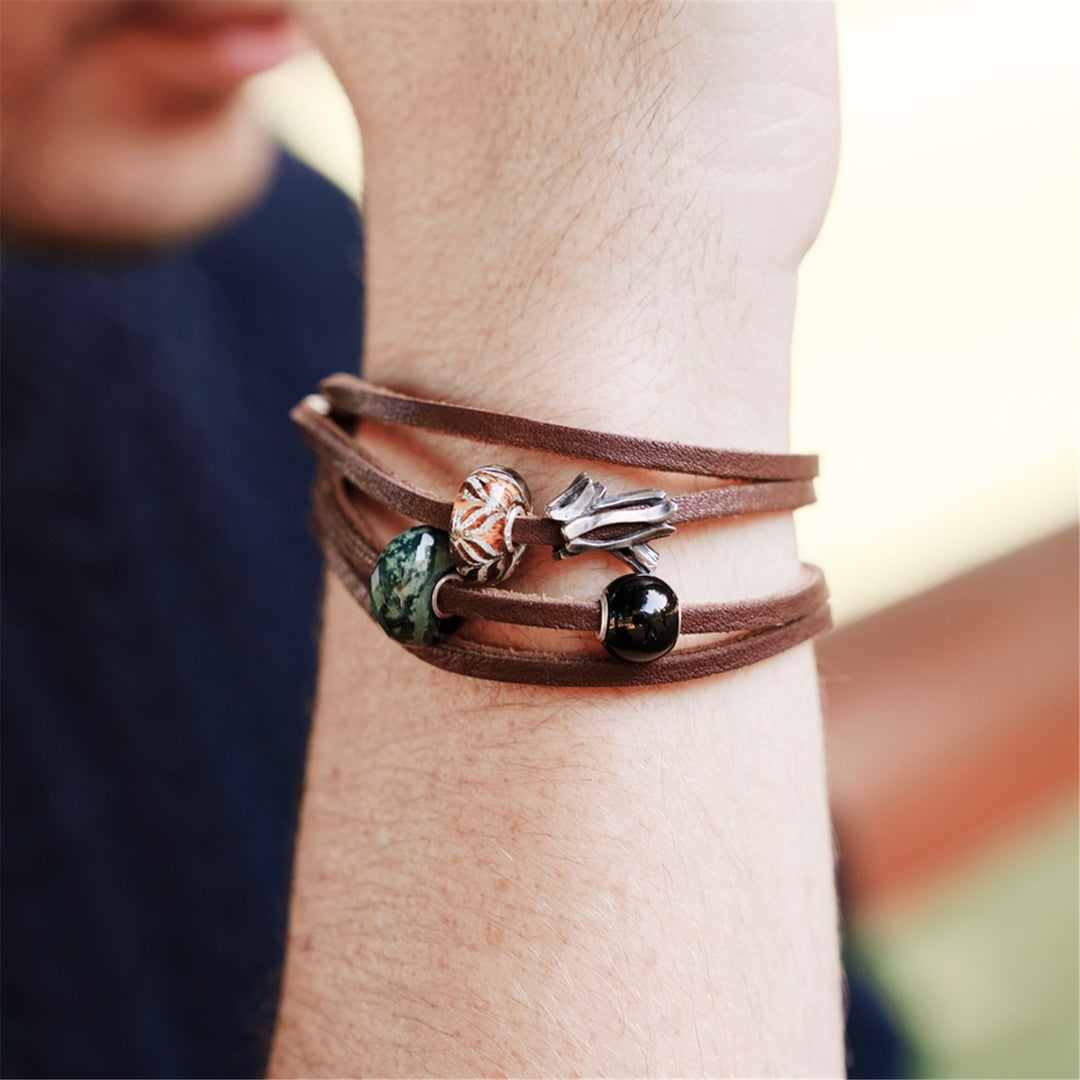 Bracciale Wrap Multistrato In Vera Pelle - Stile Surfer Tribale Uomo/Donna