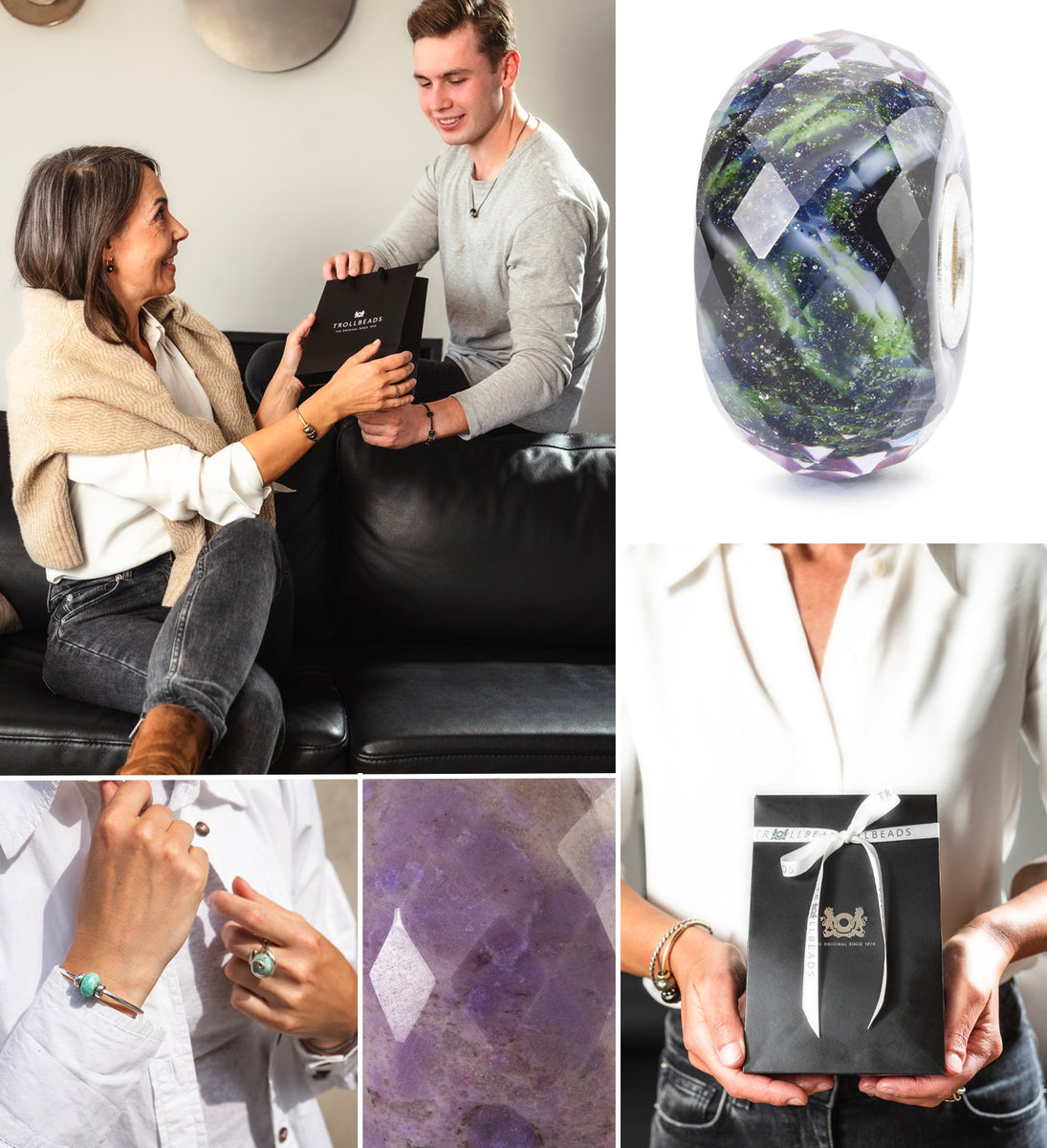 Moodboard with images of gemstone and glass beads in blye and purple colours and lifestyle images of Trollbeads gift giving and gift bags
