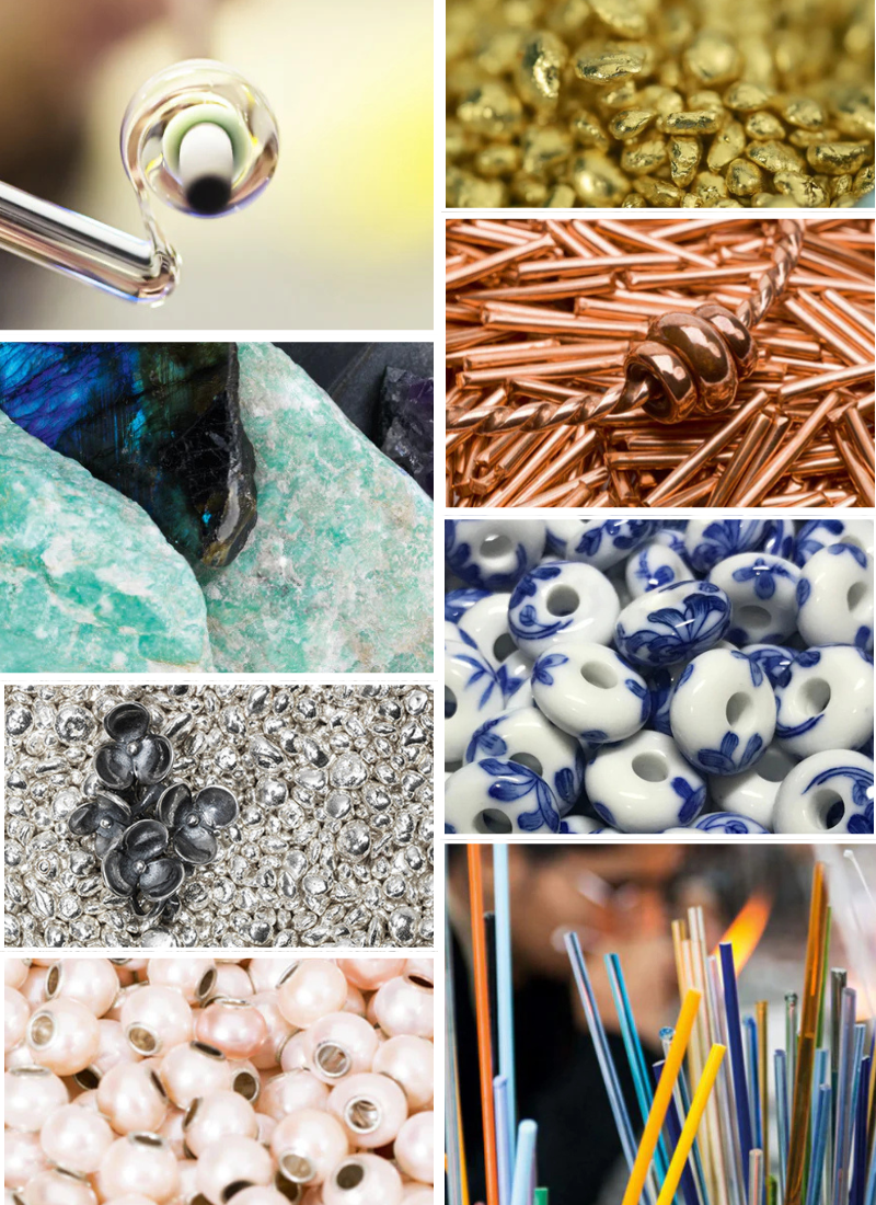 Collage of various beads and jewelry components in different colors and textures.